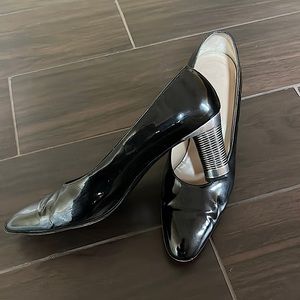 Salvatore Ferragamo black patent silver metal heels shoes pumps 9.5 B